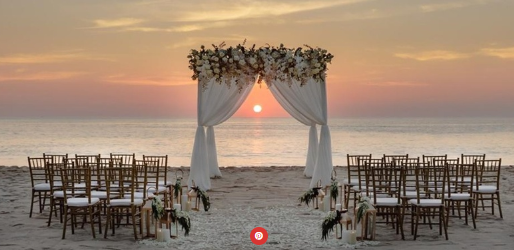A wedding ceremony on a beach

Description automatically generated
